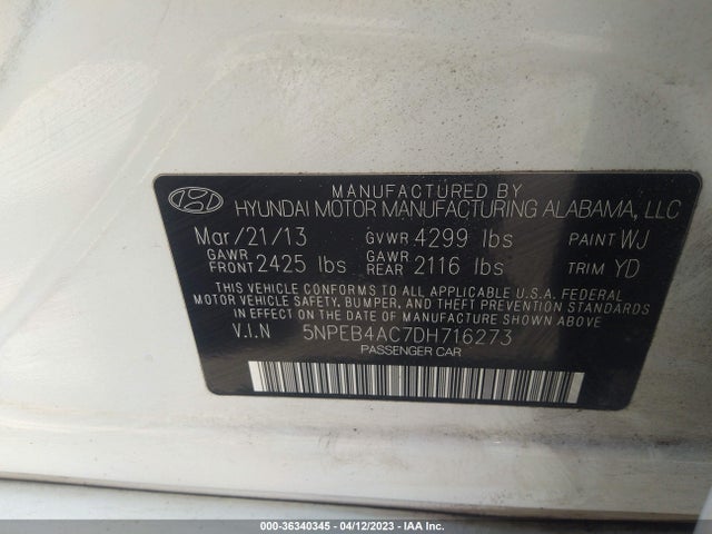 2013 HYUNDAI SONATA GLS VIN: 5NPEB4AC7DH716273