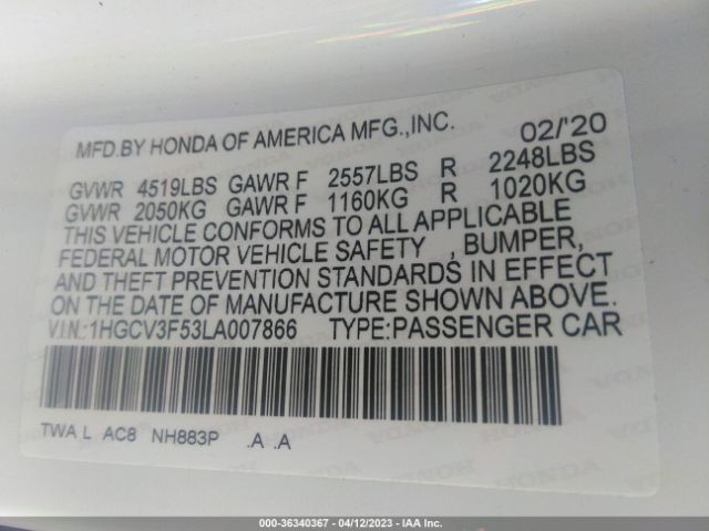 1HGCV3F53LA007866 Honda Accord Hybrid Ex-l
