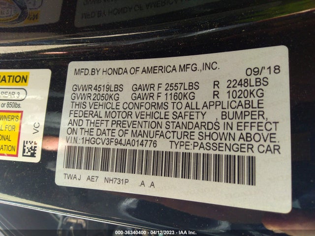 2018 HONDA ACCORD HYBRID TOURING VIN: 1HGCV3F94JA014776