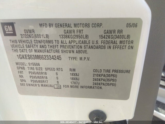 Aukcja sprzedaży 2006 Gmc Envoy Denali, vin: 1GKES63M662334245, numer aukcji: 36340417