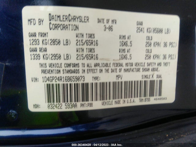 2006 DODGE GRAND CARAVAN SE VIN: 1D4GP24R16B659073
