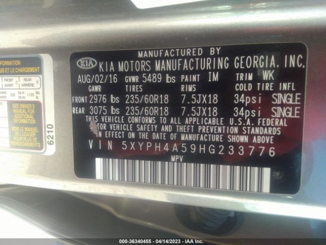 5XYPH4A59HG233776 KIA Sorento Ex V6