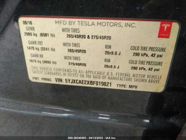 5YJXCAE2XGF019821 Tesla Model X 70d/90d/75d/60d