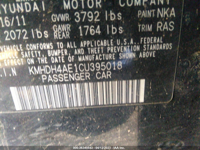 2012 HYUNDAI ELANTRA GLS PZEV VIN: KMHDH4AE1CU395018