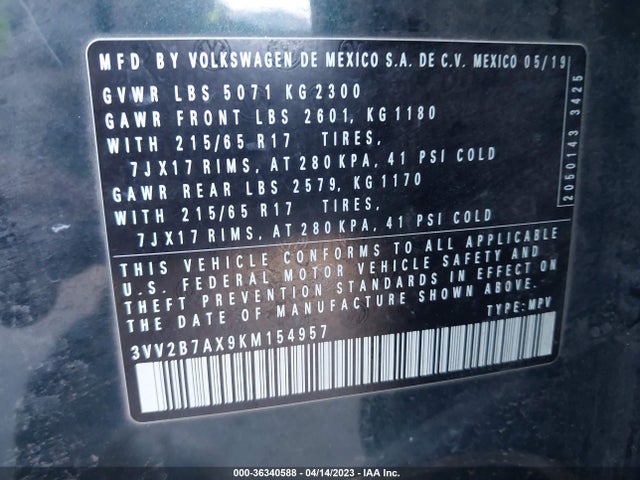 3VV2B7AX9KM154957 Volkswagen Tiguan Se/sel/sel R-line
