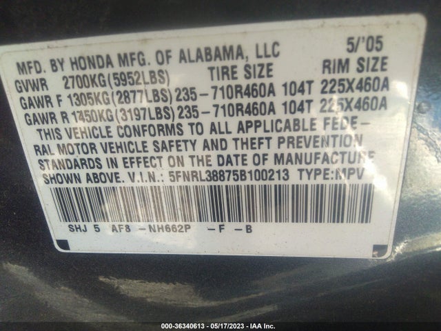 2005 HONDA ODYSSEY TOURING VIN: 5FNRL38875B100213