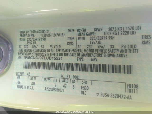 2020 FORD ESCAPE TITANIUM VIN: 1FMCU9J97LUB15531