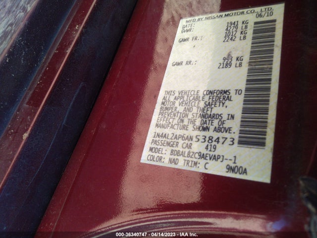 2010 NISSAN ALTIMA 2.5 S VIN: 1N4AL2AP6AN538473