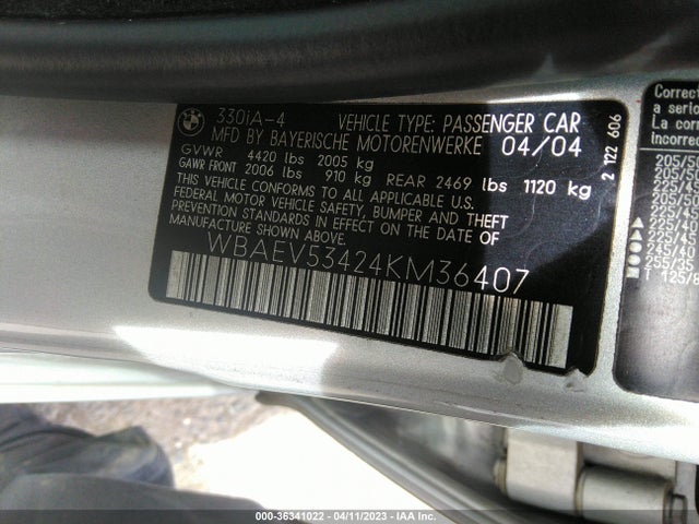 2004 BMW 3 SERIES 330I VIN: WBAEV53424KM36407