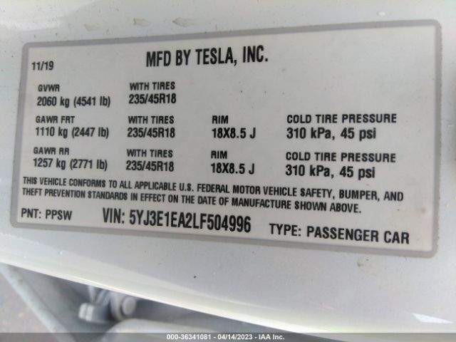 5YJ3E1EA2LF504996 Tesla Model 3 Standard Range