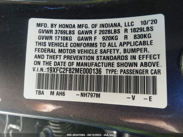 2021 HONDA CIVIC SEDAN SPORT VIN: 19XFC2F82ME000136