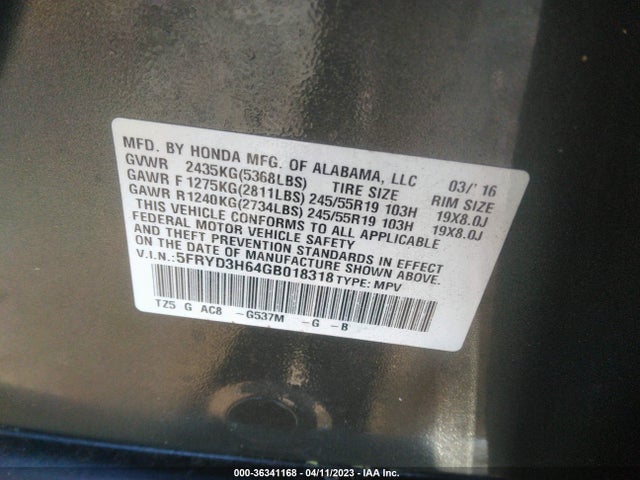 5FRYD3H64GB018318 Acura Mdx W/tech/entertainment/w