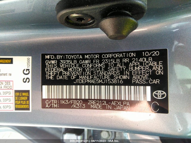 2021 TOYOTA COROLLA LE VIN: JTDEPMAE5MJ153816