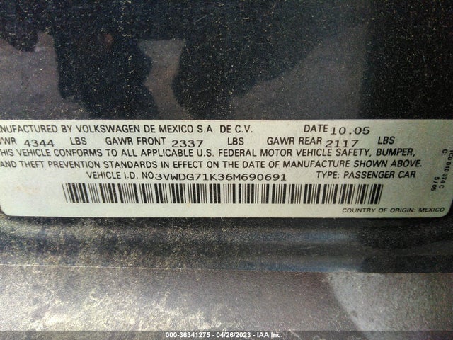 2006 VOLKSWAGEN JETTA SEDAN 2.5L VIN: 3VWDG71K36M690691