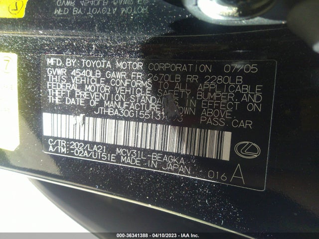 2005 LEXUS ES 330 VIN: JTHBA30G155137493