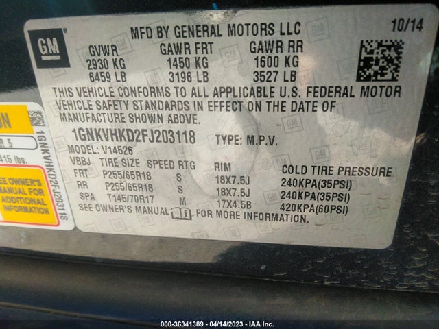 Chevrolet Traverse Lt 2015 1GNKVHKD2FJ203118 Image 9