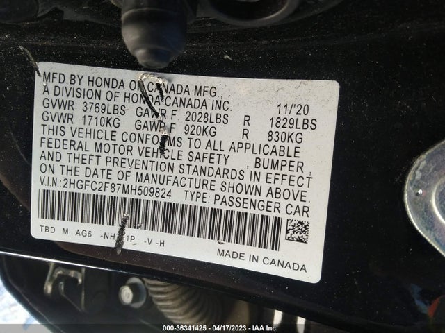 2021 HONDA CIVIC SEDAN SPORT VIN: 2HGFC2F87MH509824