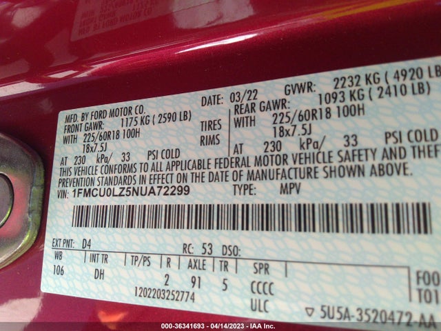 2022 Ford Escape, VIN: 1FMCU0LZ5NUA72299