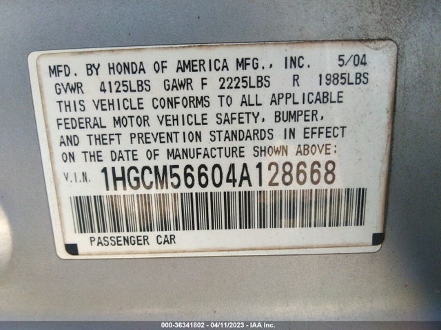2004 HONDA ACCORD SDN EX VIN: 1HGCM56604A128668