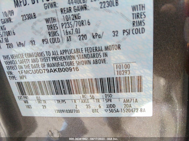 2010 FORD ESCAPE XLT VIN: 1FMCU0D79AKB00916