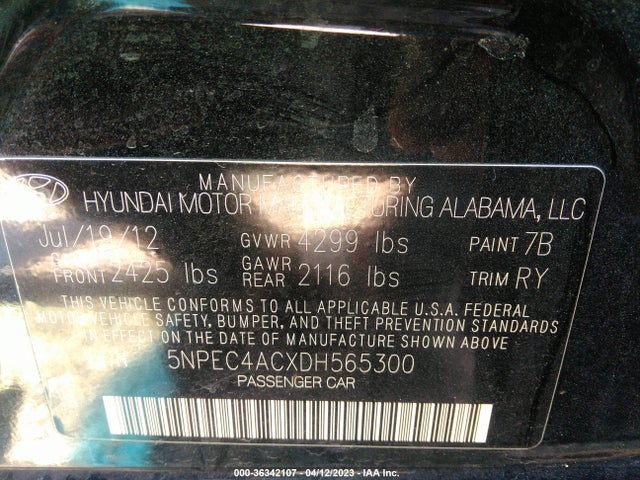 2013 HYUNDAI SONATA SE VIN: 5NPEC4ACXDH565300