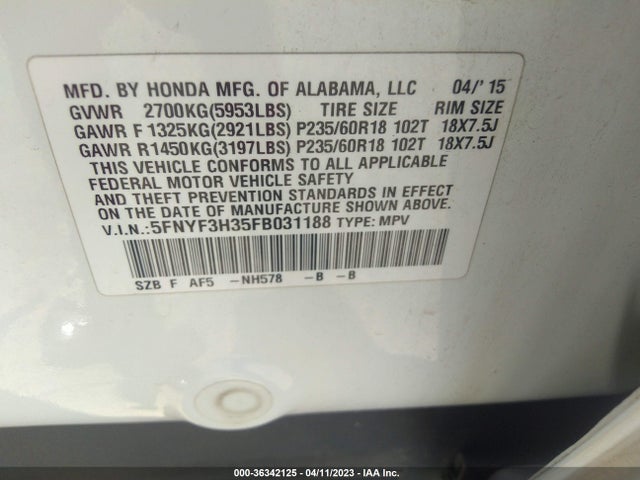 Honda PILOT SE 2015 5FNYF3H35FB031188 Image 9