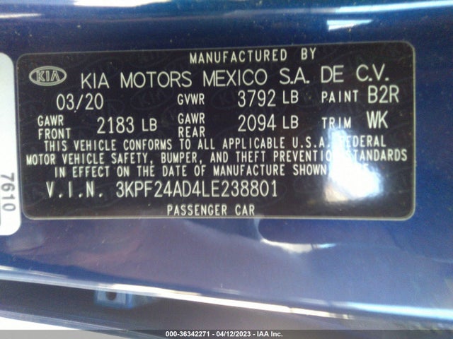 2020 KIA FORTE LXS VIN: 3KPF24AD4LE238801