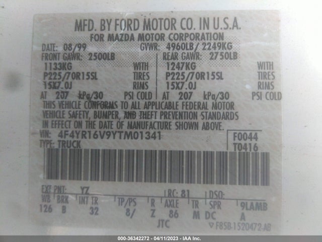 2000 MAZDA B-SERIES 2WD TRUCK SE/TROY LEE VIN: 4F4YR16V9YTM01341
