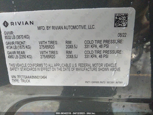 2022 Rivian R1T, VIN: 7FCTGAAA8NN010494