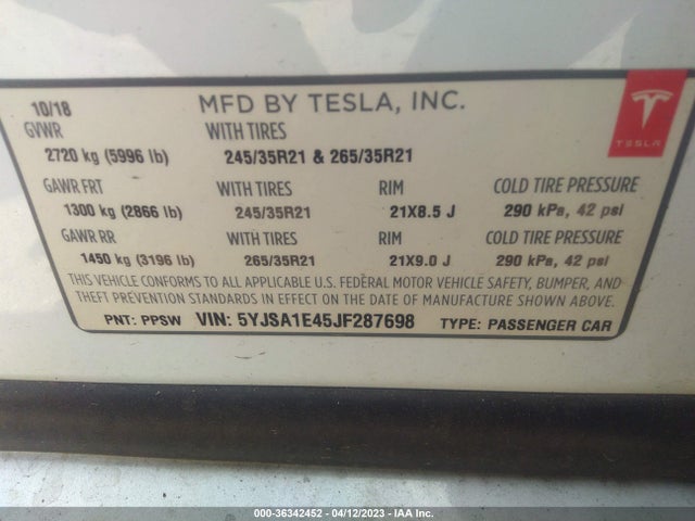 Tesla Model S 75d/100d/p100d 2018 5YJSA1E45JF287698 Image 9