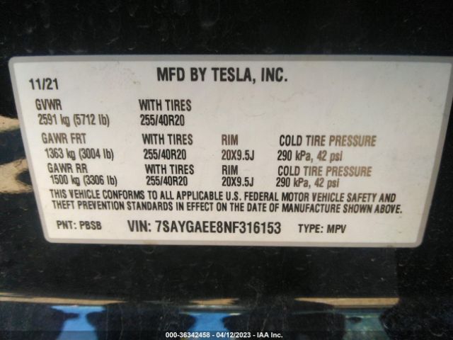7SAYGAEE8NF316153 Tesla Model Y Long Range