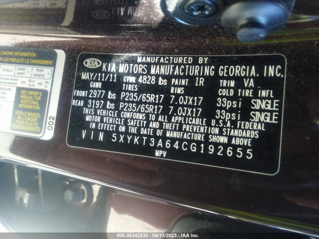 2012 KIA SORENTO LX VIN: 5XYKT3A64CG192655