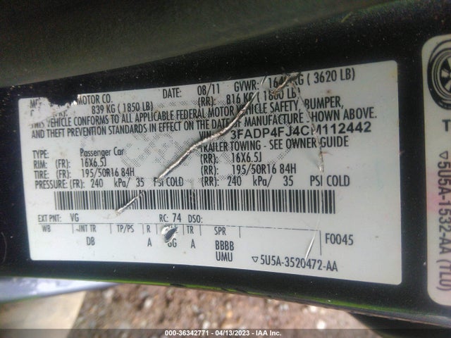 2012 FORD FIESTA SES VIN: 3FADP4FJ4CM112442