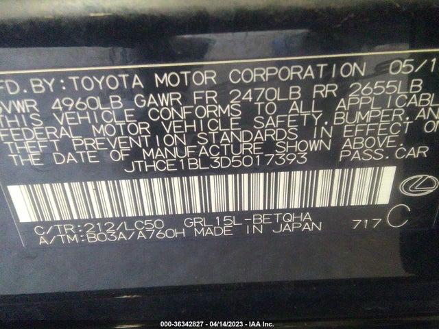 2013 LEXUS GS 350 VIN: JTHCE1BL3D5017393