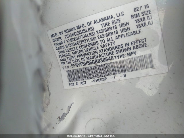 Honda Pilot Ex-l 2016 5FNYF5H56GB030646 Image 9