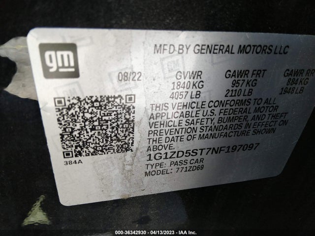 2022 CHEVROLET MALIBU LT VIN: 1G1ZD5ST7NF197097