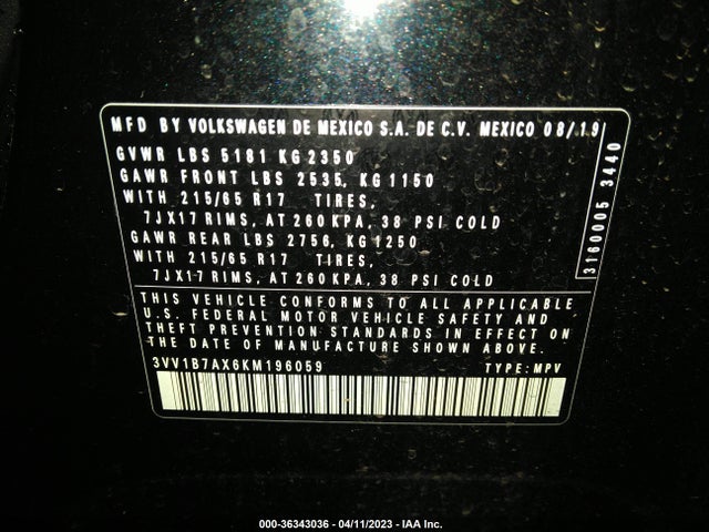 3VV1B7AX6KM196059 Volkswagen TIGUAN S