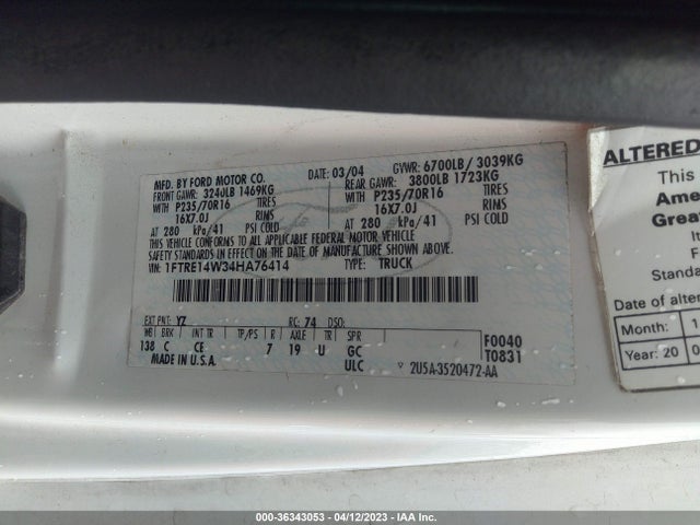 2004 FORD ECONOLINE CARGO VAN VIN: 1FTRE14W34HA76414
