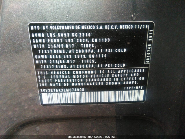 3VV2B7AXXLM074908 Volkswagen Tiguan Se/sel/se R-line Black