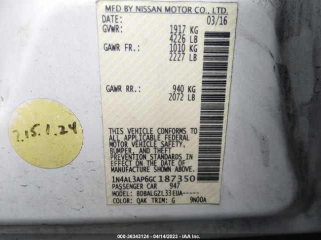 1N4AL3AP6GC187350 Nissan Altima 2.5 Sl/2.5 Sr/2.5 Sv/2.5/2.5 S