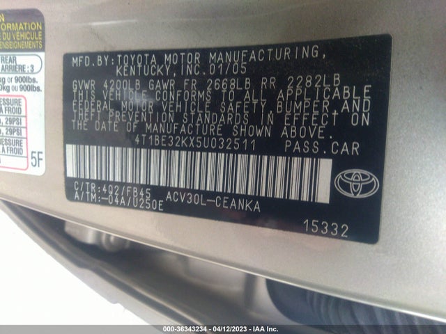 2005 TOYOTA CAMRY STD/LE/SE/XLE VIN: 4T1BE32KX5U032511