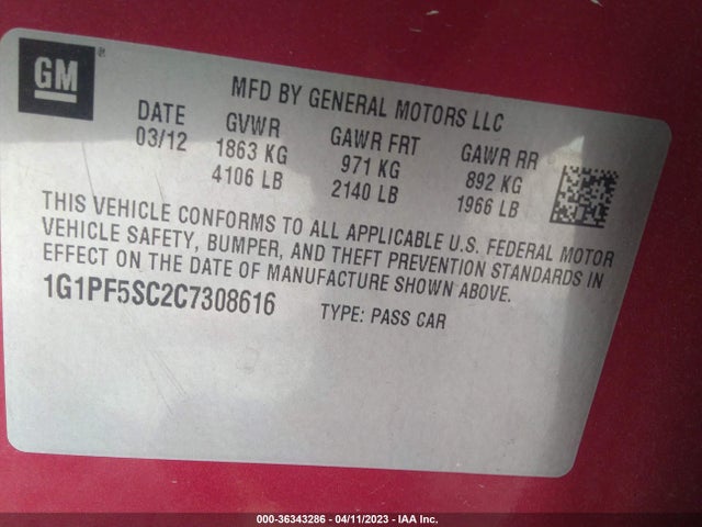 2012 CHEVROLET CRUZE LT W/1LT VIN: 1G1PF5SC2C7308616