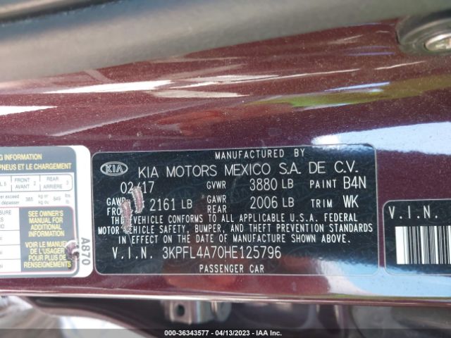3KPFL4A70HE125796 KIA FORTE LX