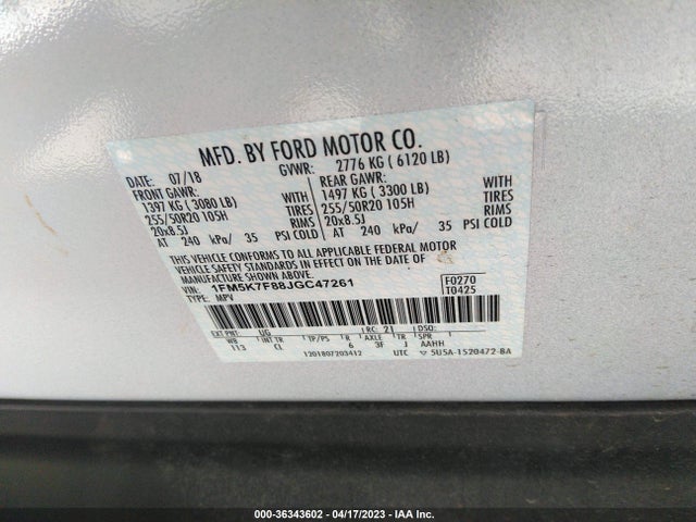 2018 FORD EXPLORER LIMITED VIN: 1FM5K7F88JGC47261