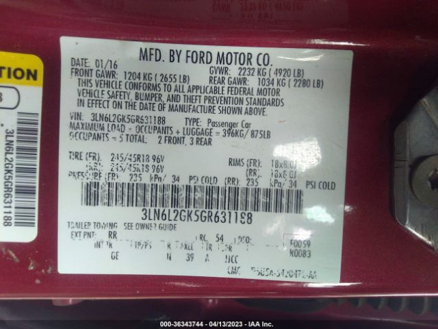 3LN6L2GK5GR631188 Lincoln MKZ