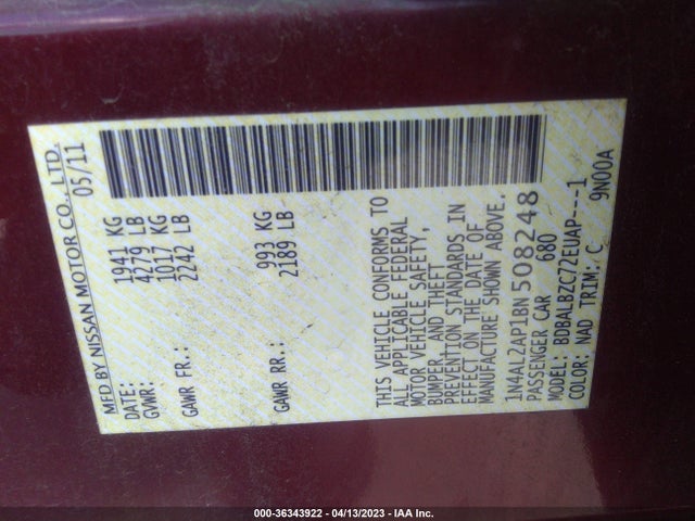 2011 NISSAN ALTIMA 2.5 S VIN: 1N4AL2AP1BN508248