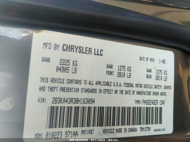 2008 DODGE CHARGER VIN: 2B3KA43R38H163094