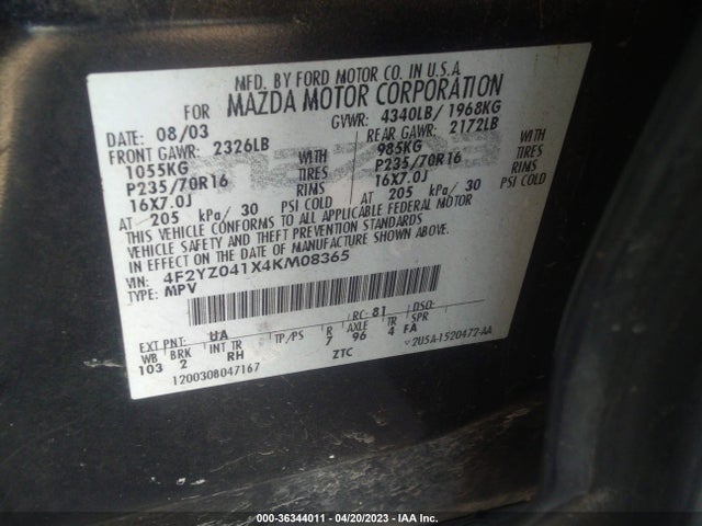 2004 MAZDA TRIBUTE LX VIN: 4F2YZ041X4KM08365