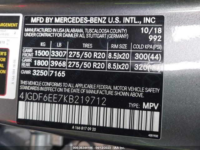 2019 Mercedes-Benz GLS-Class, VIN: 4JGDF6EE7KB219712