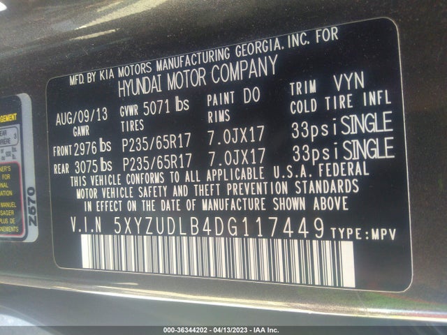 2013 HYUNDAI SANTA FE SPORT VIN: 5XYZUDLB4DG117449